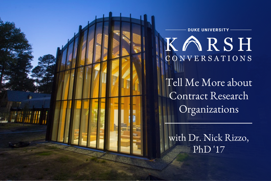 The image shows a glass-walled building with arched ceilings and tables and chairs inside. The building is lit from within and outside it is dark. The text says Karsh Conversations, Tell Me More about Contract Research Organizations.